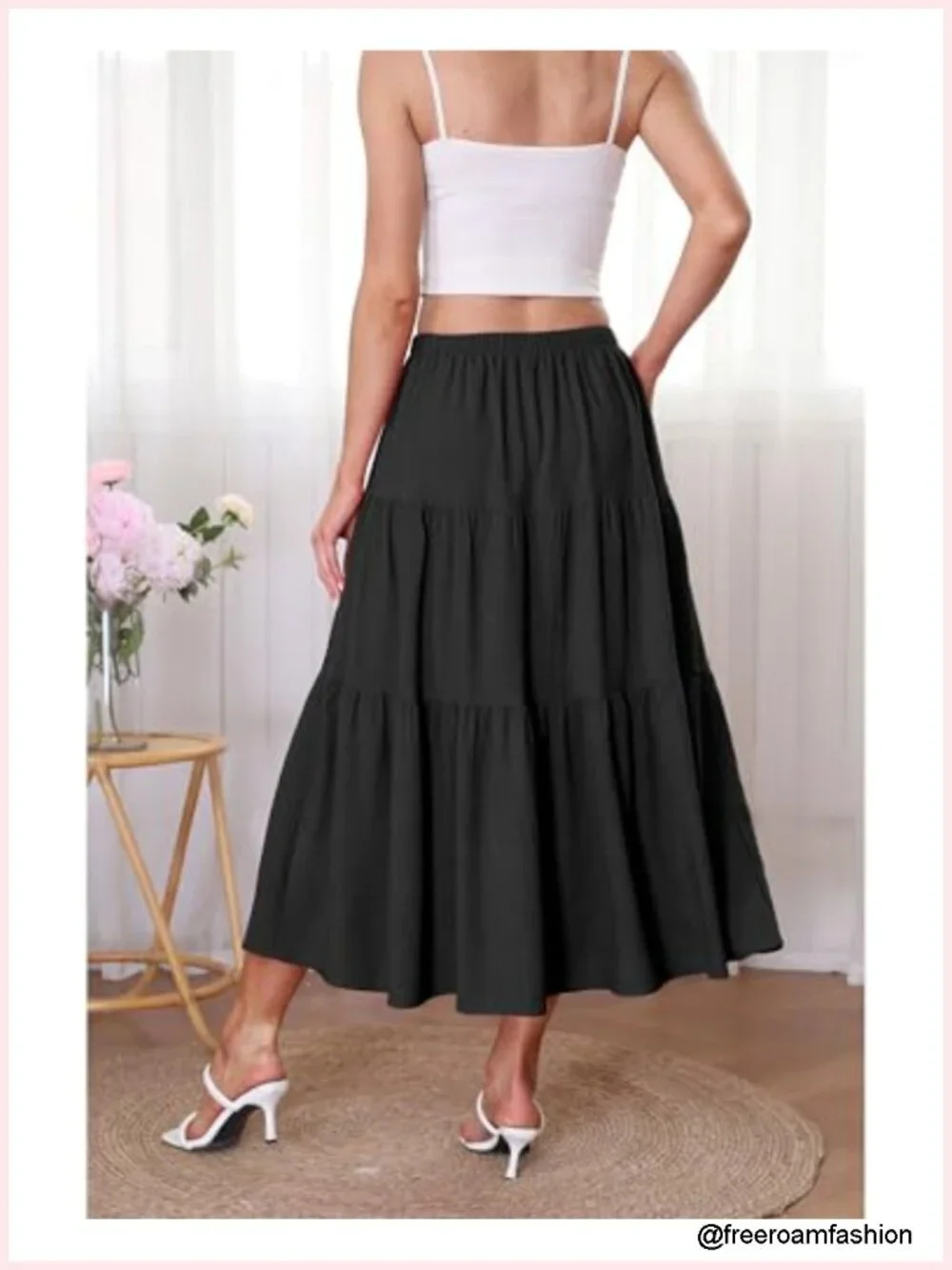High Waist Tiered A-Line Midi Skirt Flowy Ruffle Elastic Boho